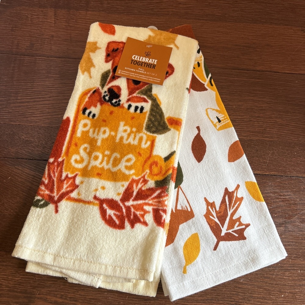 Celebrate Together Set Of 2 Fall Kitchen Towels Pup-Kin Spice With Cuteโ Dog-